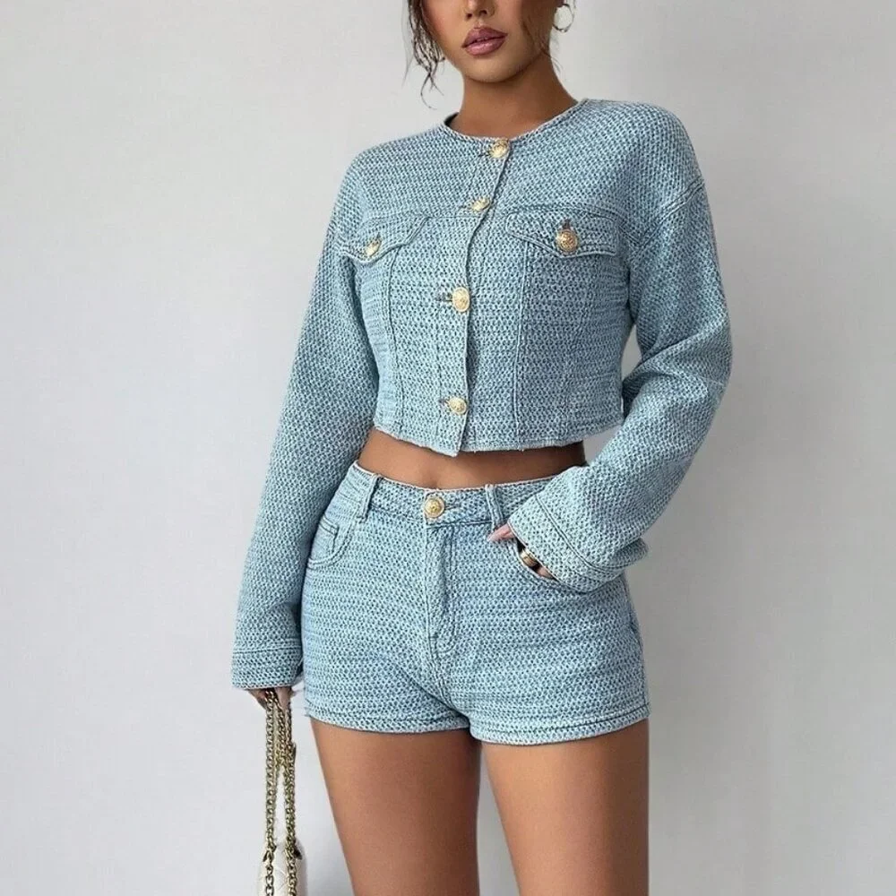 Medium Wash Elegant Women's Denim Suit with Long-Sleeved Jacket and Mini Shorts
